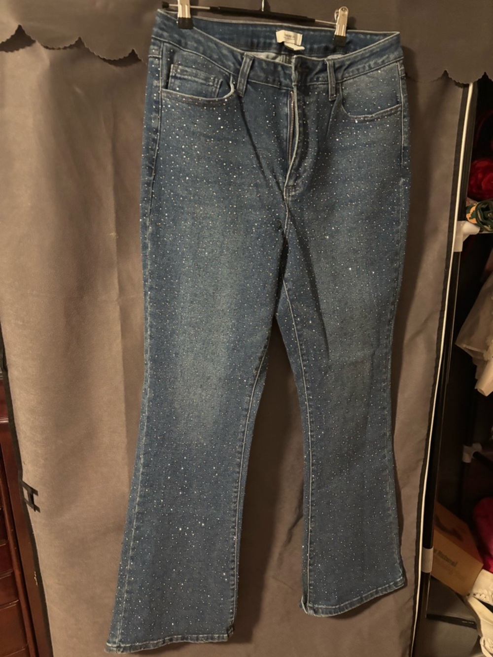 Forever 21 Blue Sparkle Flare Jeans with Rhinestone Detail